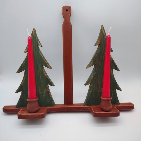 Vintage Primitive Rustic Painted Wood Fir Tree Candlestick Decor, Wall or Table - Picture 5 of 17